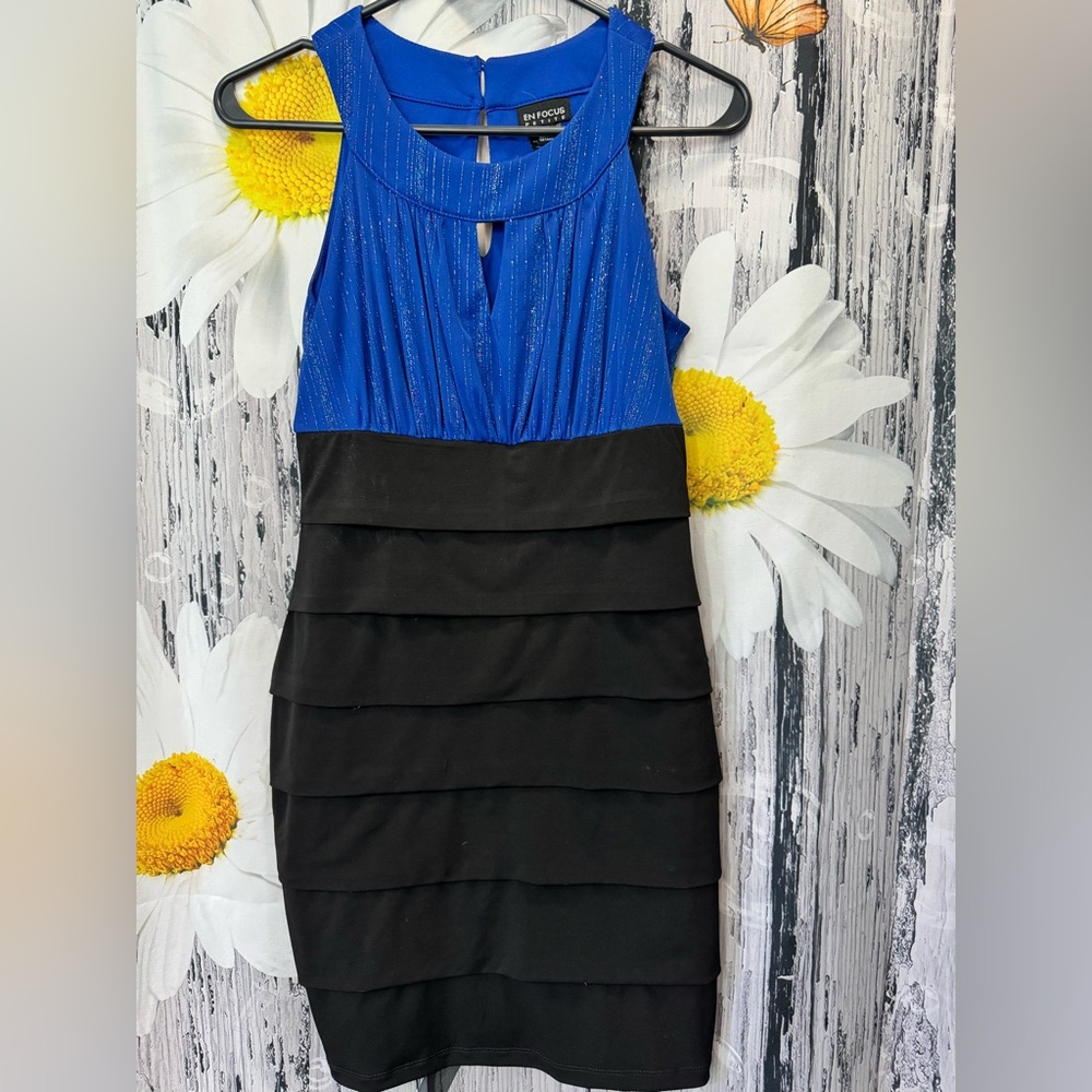 Enfocus Studio Blue and Black Layered Mini Dress